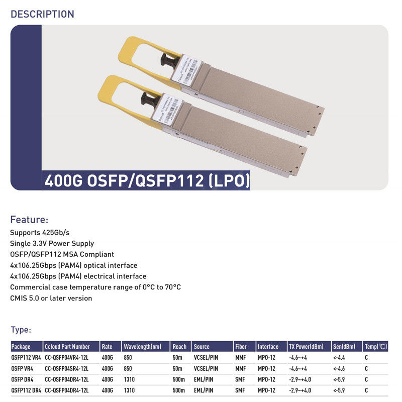 400G QSFP112 SR4 Hot-Plug Multimode Fiber Optic Transceiver 100m Interconnect untuk Pusat Data dan Interconnect Optik