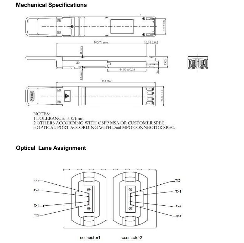 Komputasi Interkoneksi 800Gbps OSFP Transceiver Optik dengan Hotpluggable Dual MTP8APC Connector dan Data Rate Tinggi