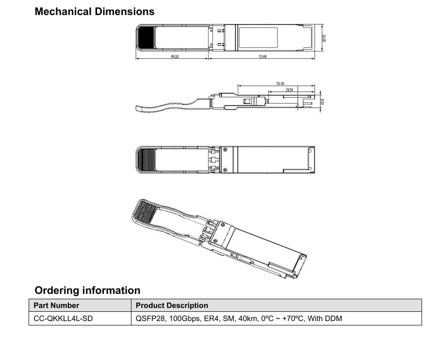 Sumber Daya 3.3V tunggal 100GBase QSFP28 ER4 40KM Fiber Optic Equipment Duplex LC Optical Transceiver Module untuk kebutuhan Anda