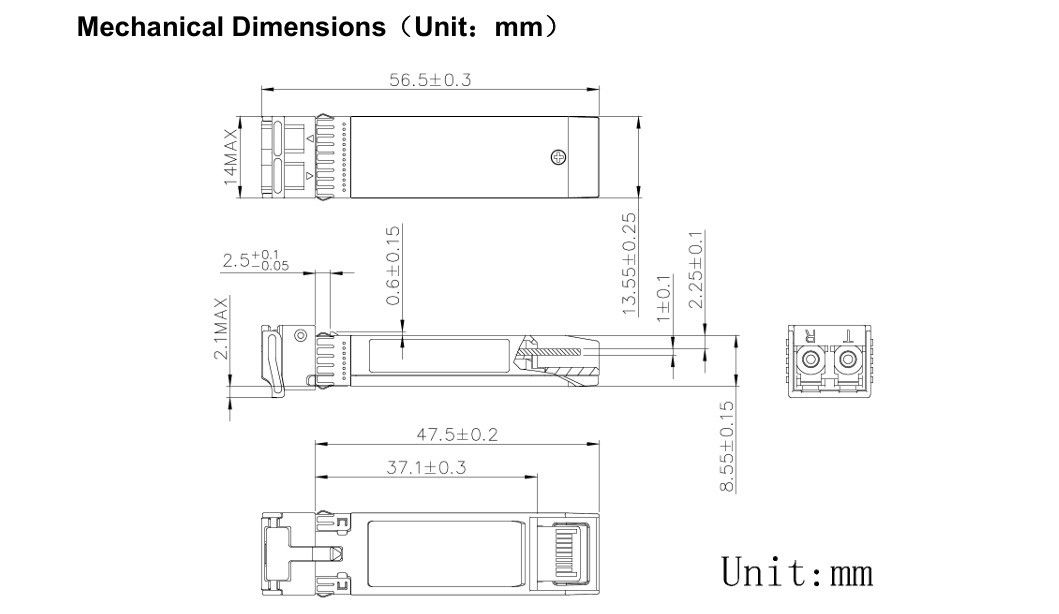 Teknologi pendinginan 1550nm 40km ER/EW LC Duplex Industrial Temp -40-85°C 1.5W RoHS CE FCC Compliant 10G SFP Transceiver Module